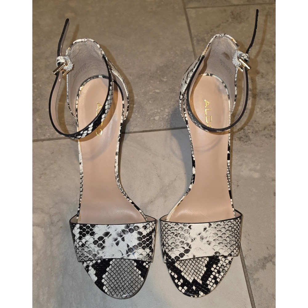 Aldo Snakeskin Print Ankle Strap Stiletto Sandals Black White Size 7